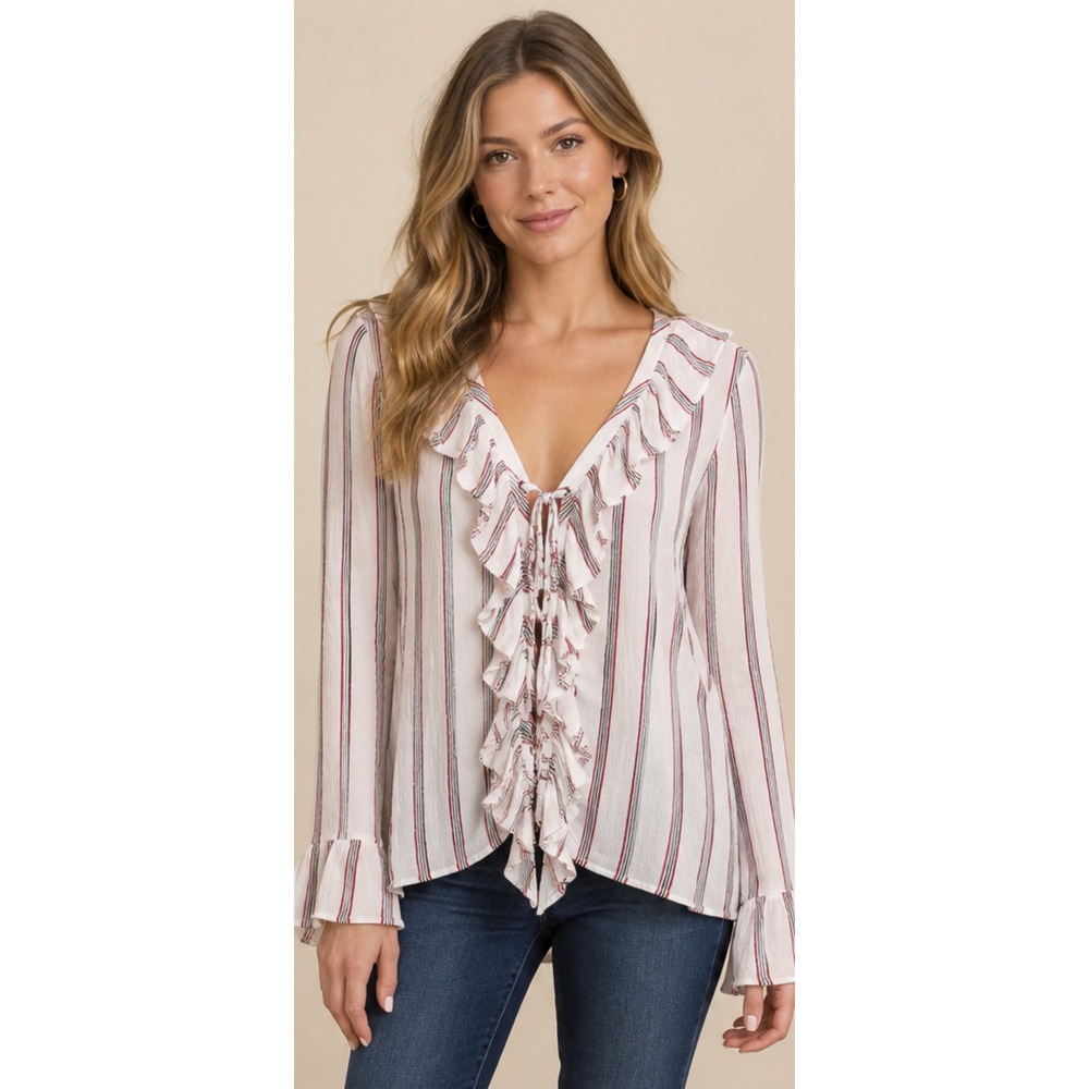 American Eagle Ruffle Lace Up Striped Blouse XL White Red Navy Boho Bell Sleeve